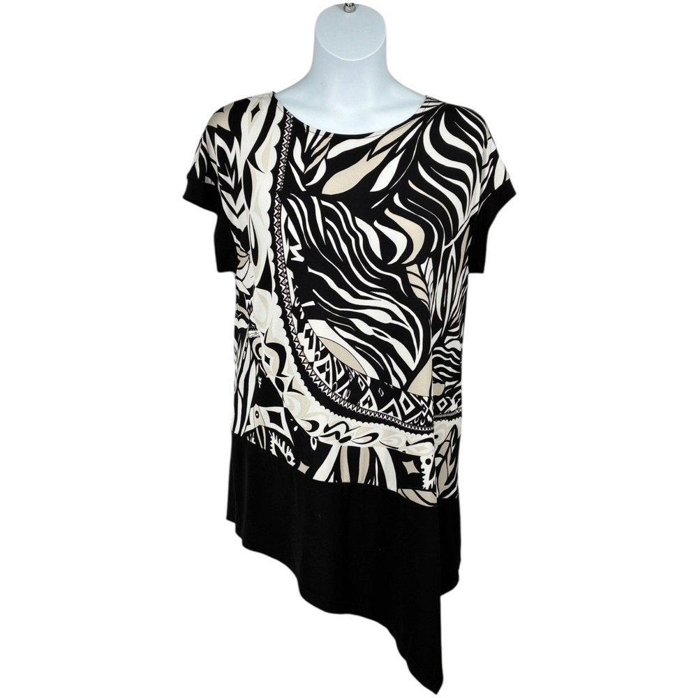Chico's Size 2 Black White Tropical Print Asymmetrical Tunic Top Stretch